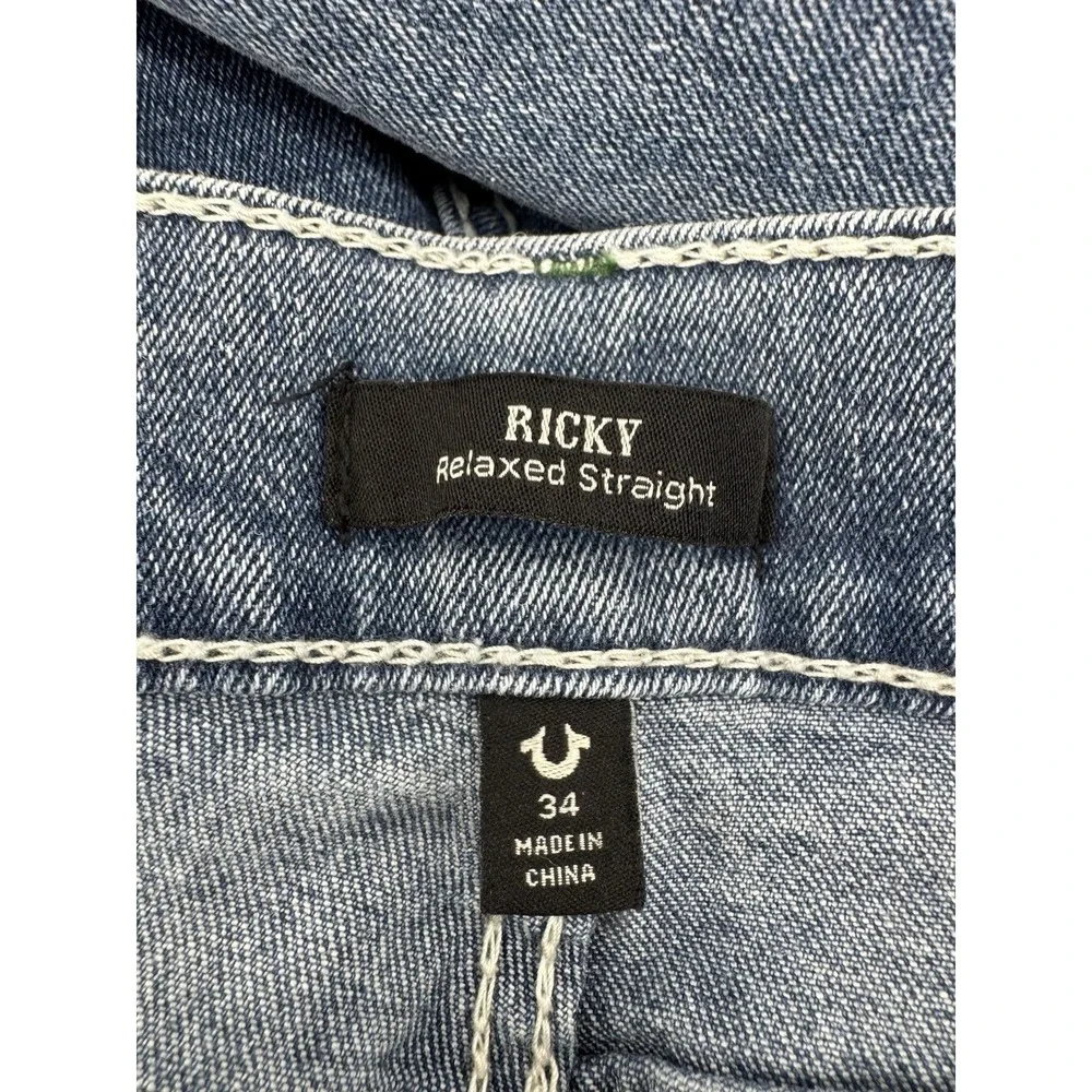 True Religion Ricky 34X34 Big T Flap Straight Mens Jeans Light Pacific Wash $199